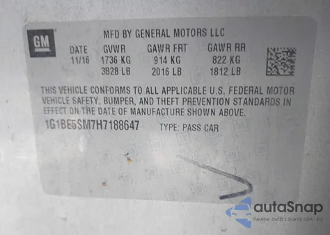 2017 Chevrolet Cruze Lt Auto from USA, damaged, VIN 1G1BE5SM7H7188647